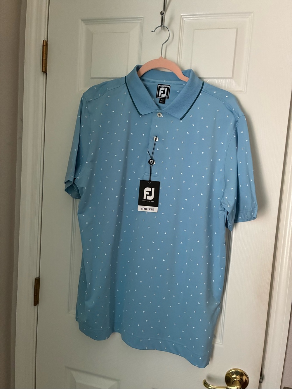 NWT Footjoy Blue PGA Mini Check Short Sleeve Golf Shirt Moisture Wick Large